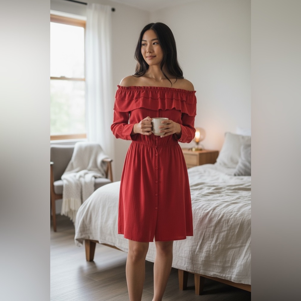 NEW•CREME DE LA CREME OLIVIA OFF THE SHOULDER RED COTTAGE CORE STYLE DRESS•L-1X
